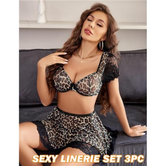 Women Sexy Mesh Top Lingerie Skirts 3 Piece Leopard - Picture 4 of 6
